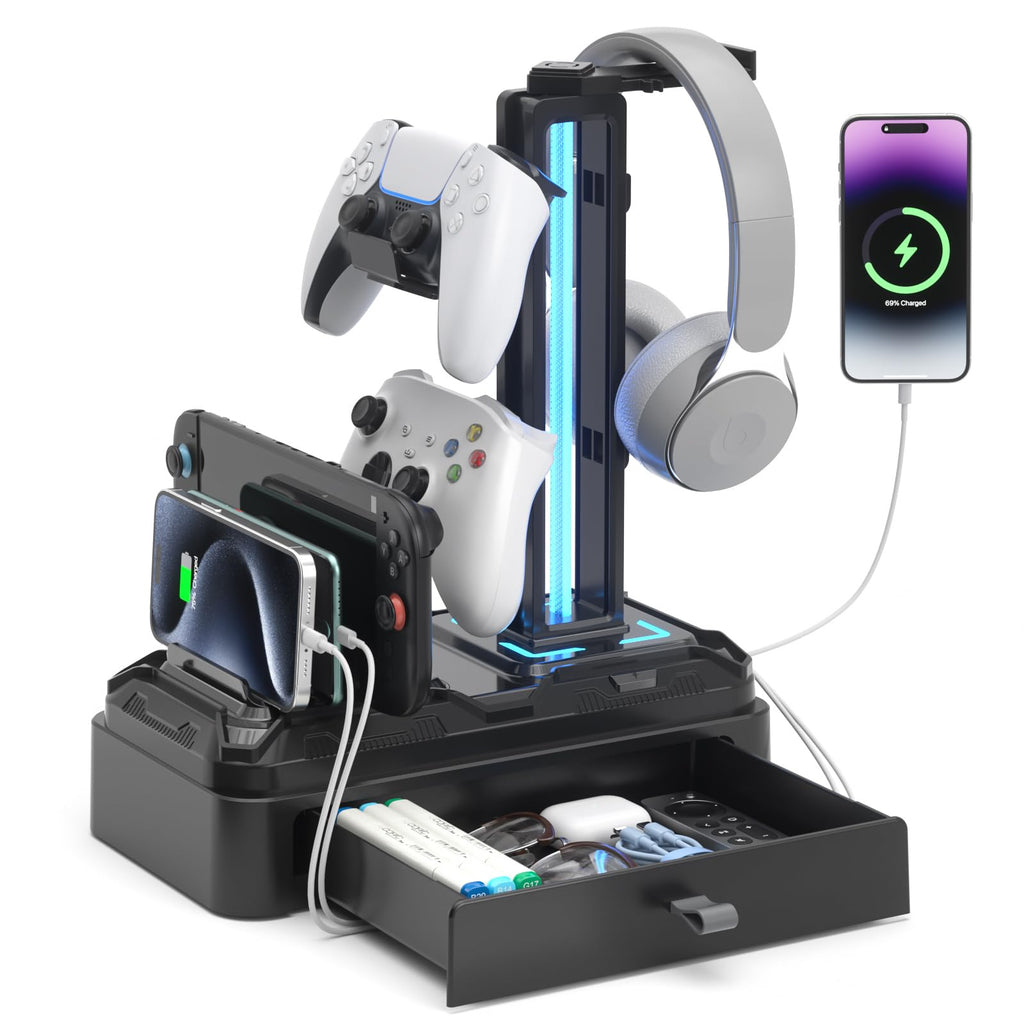 RGB Headphone Stand with USB Charging & Storage Drawer