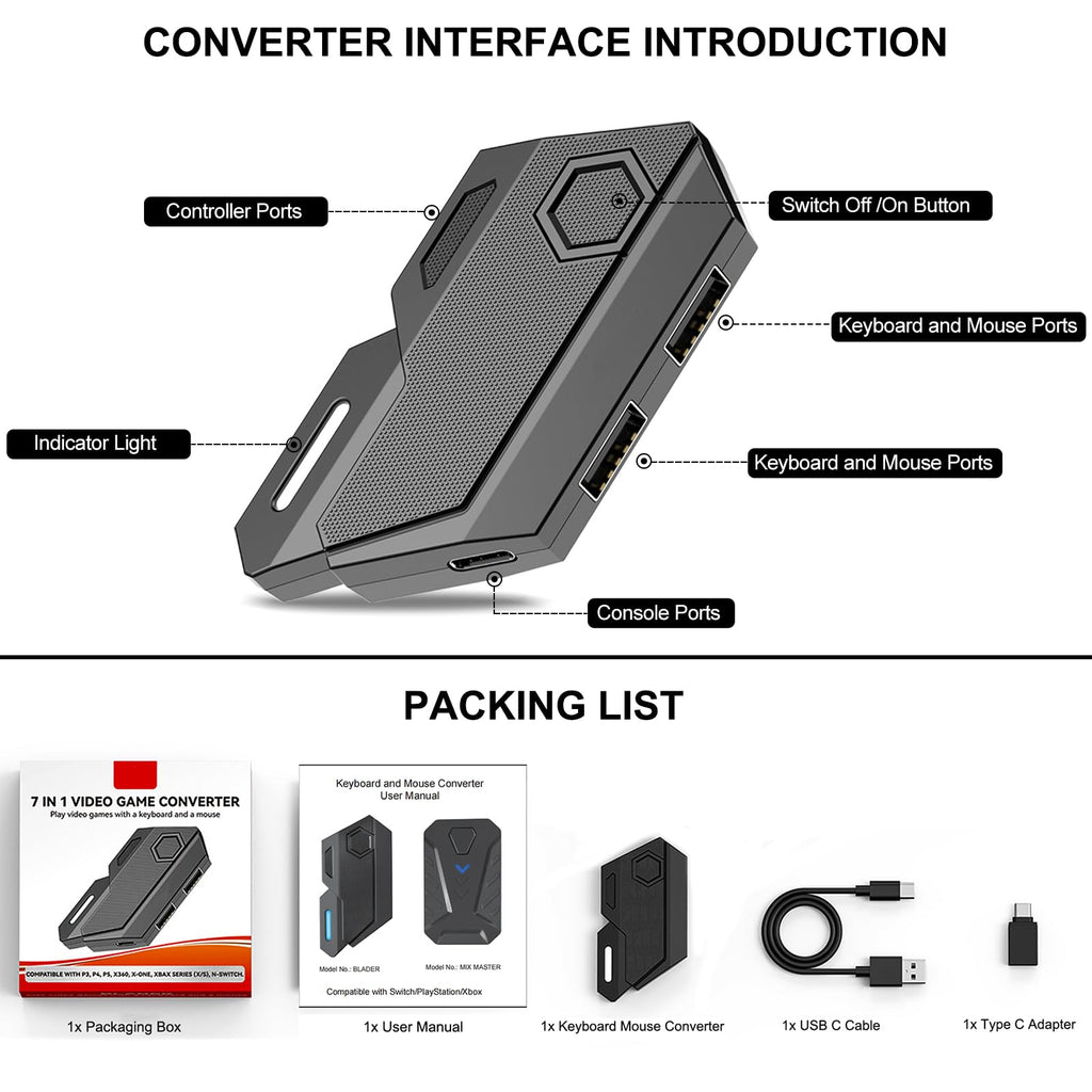 Keyboard & Mouse Adapter with Custom Key Mapping for Switch, Xbox & PlayStation
