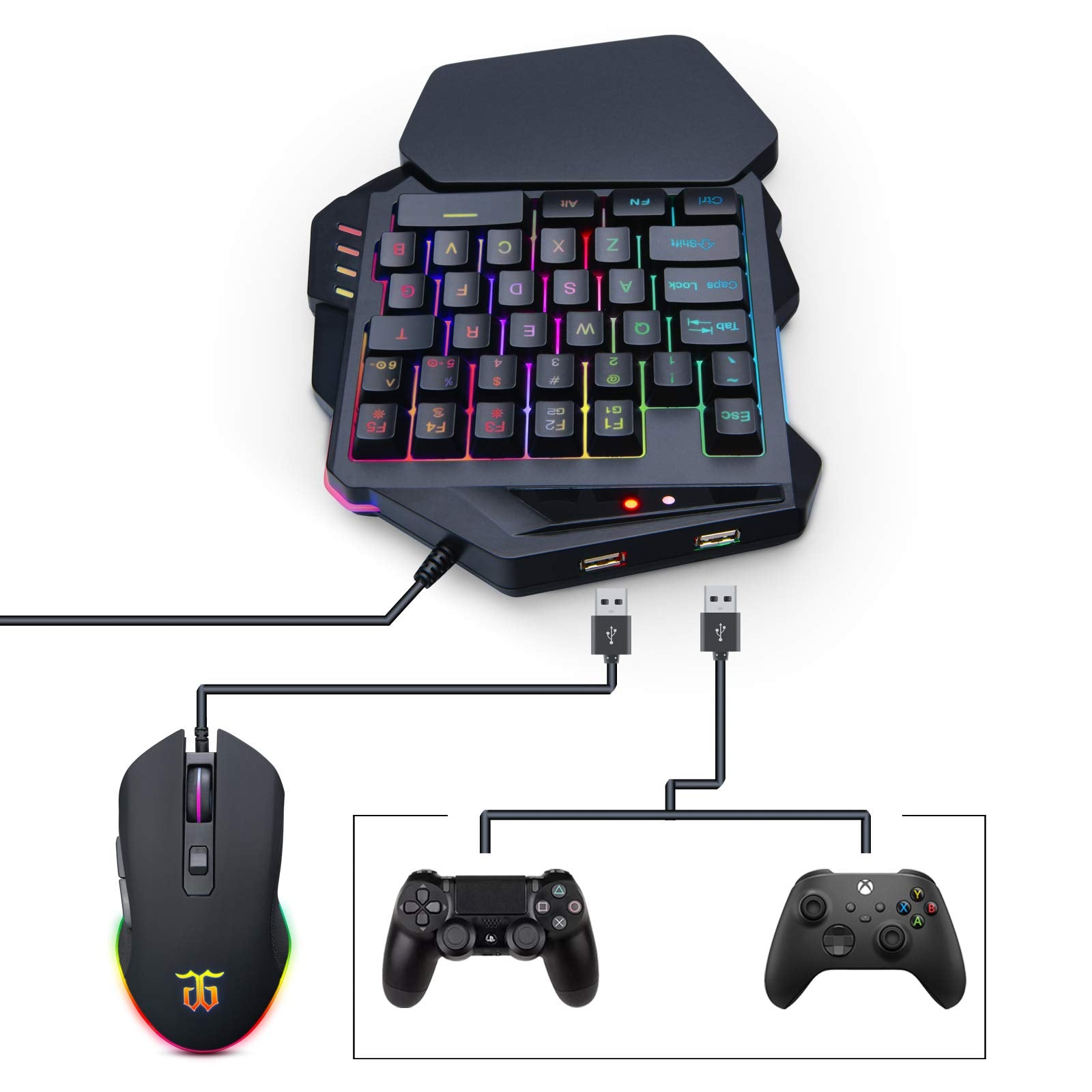 One-Handed RGB Gaming Keyboard & Mouse Combo with Console Adapter