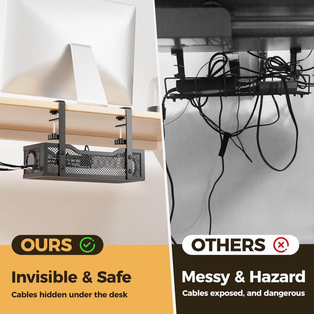 Cinati Under Desk Cable Tray - No Drill, Clamp Mounted, Protects Desk