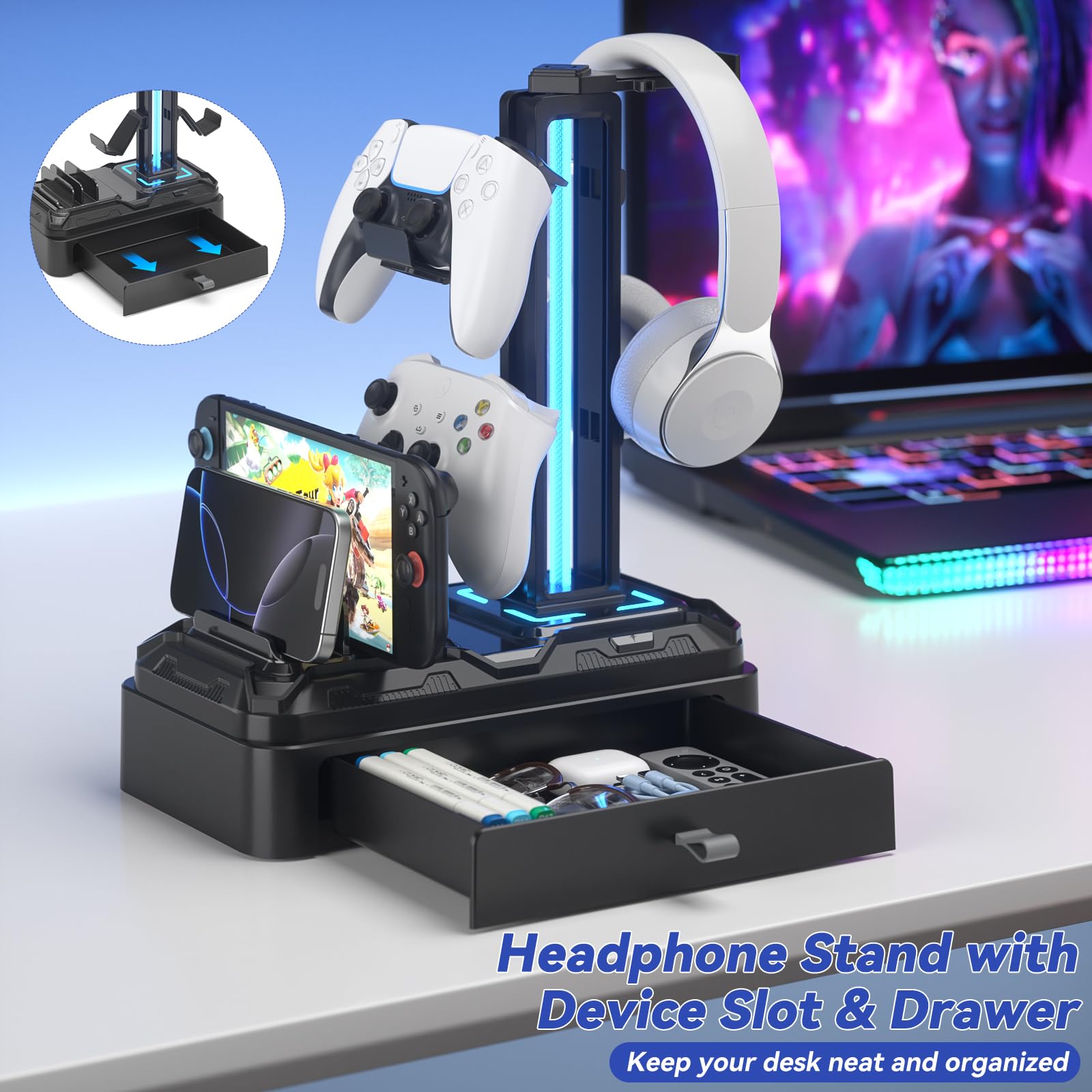 RGB Headphone Stand with USB Charging & Storage Drawer
