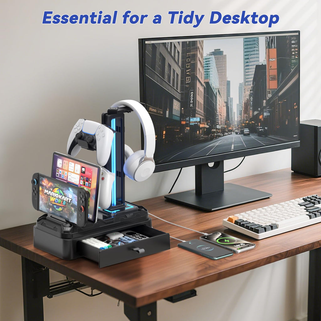 RGB Headphone Stand with USB Charging & Storage Drawer