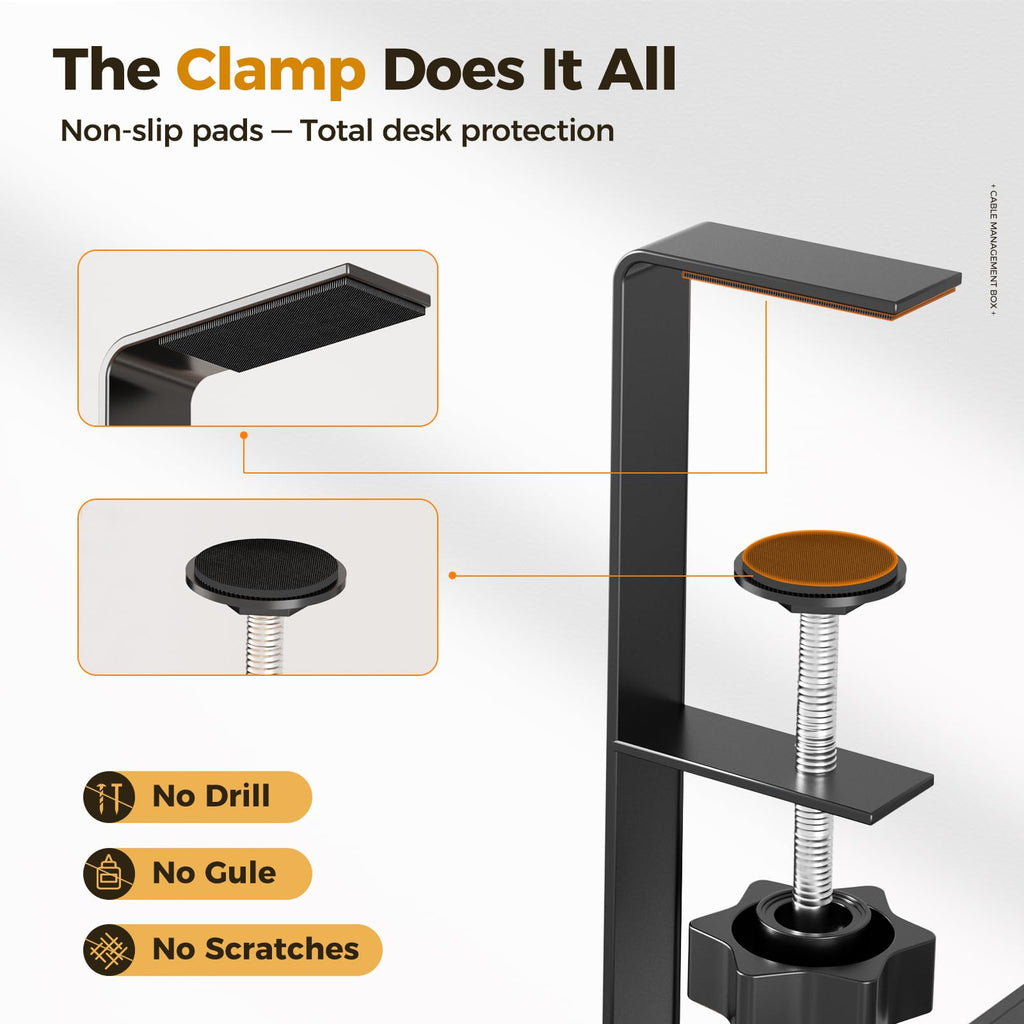 Cinati Under Desk Cable Tray - No Drill, Clamp Mounted, Protects Desk