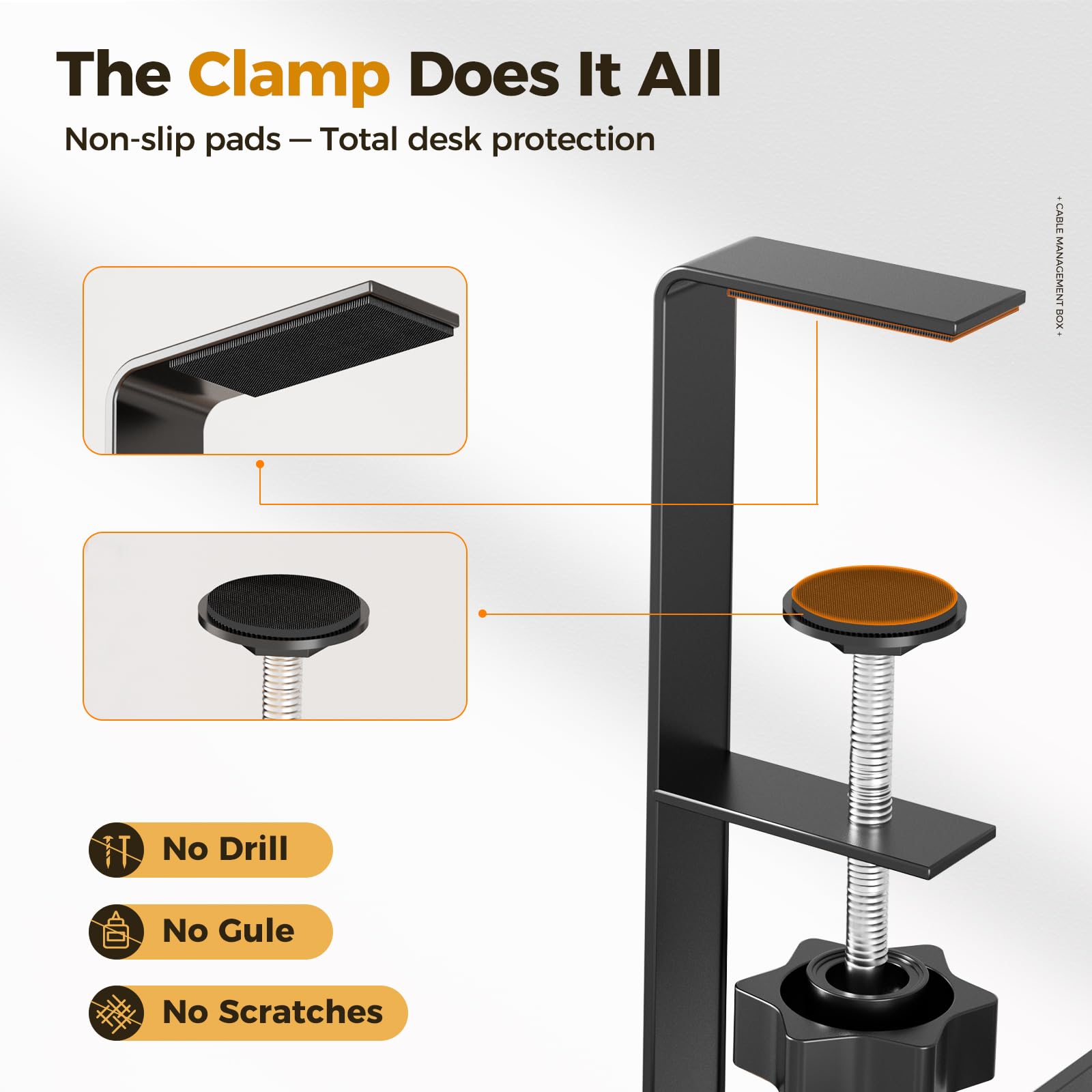 Cinati Under Desk Cable Tray - No Drill, Clamp Mounted, Protects Desk
