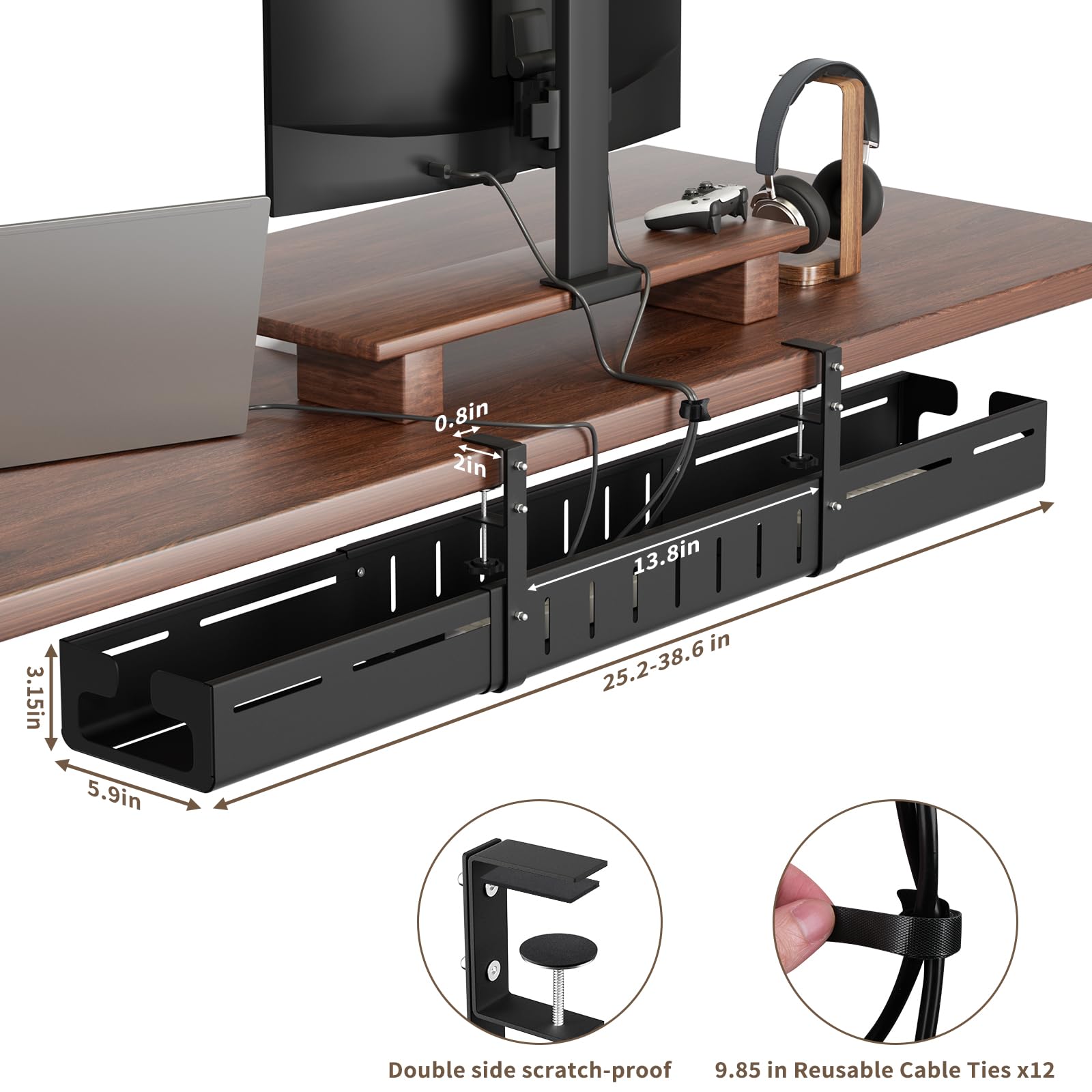 Expandable Under Desk Cable Management Tray with Clamp