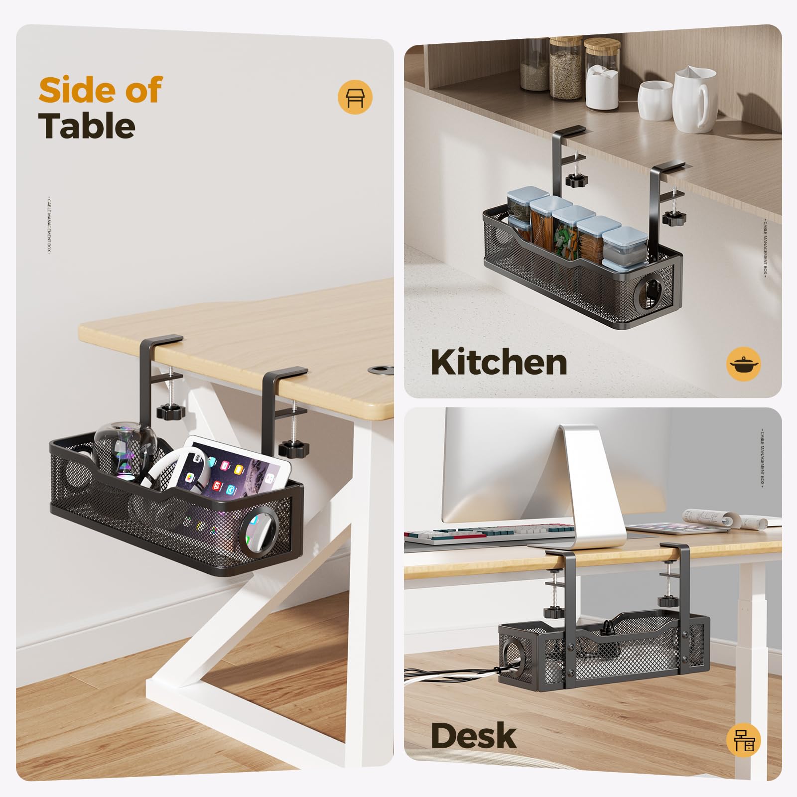 Cinati Under Desk Cable Tray - No Drill, Clamp Mounted, Protects Desk
