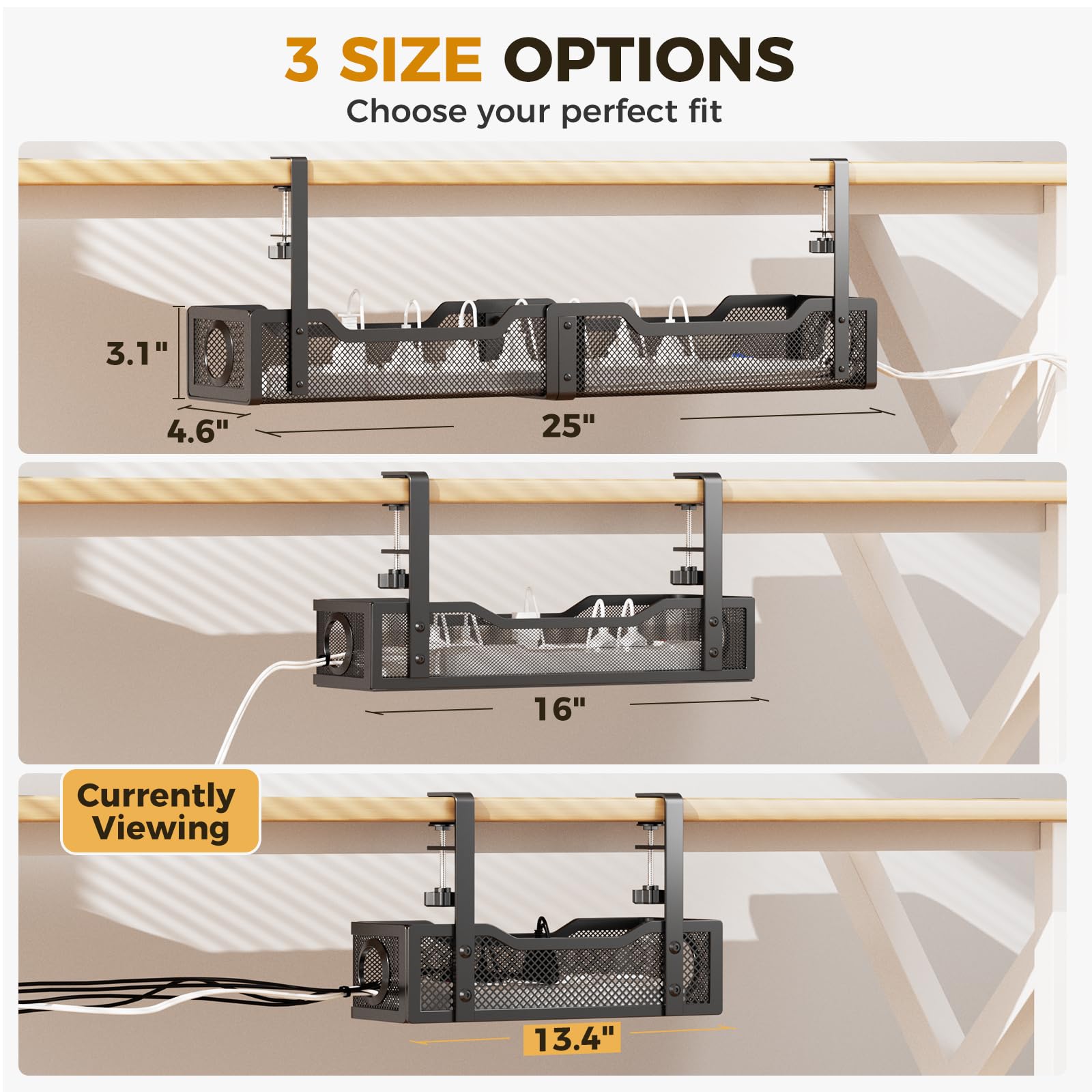Cinati Under Desk Cable Tray - No Drill, Clamp Mounted, Protects Desk