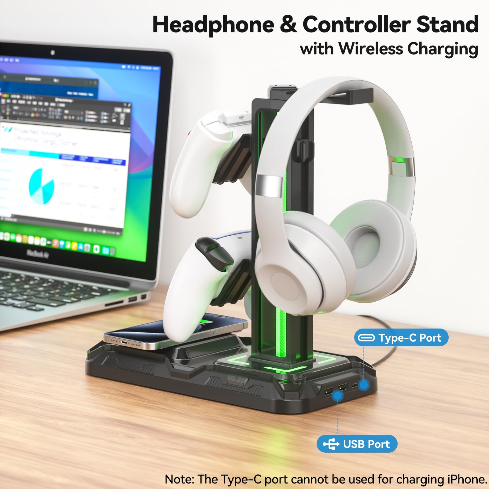 RGB Headphone & Controller Stand with Wireless Charging