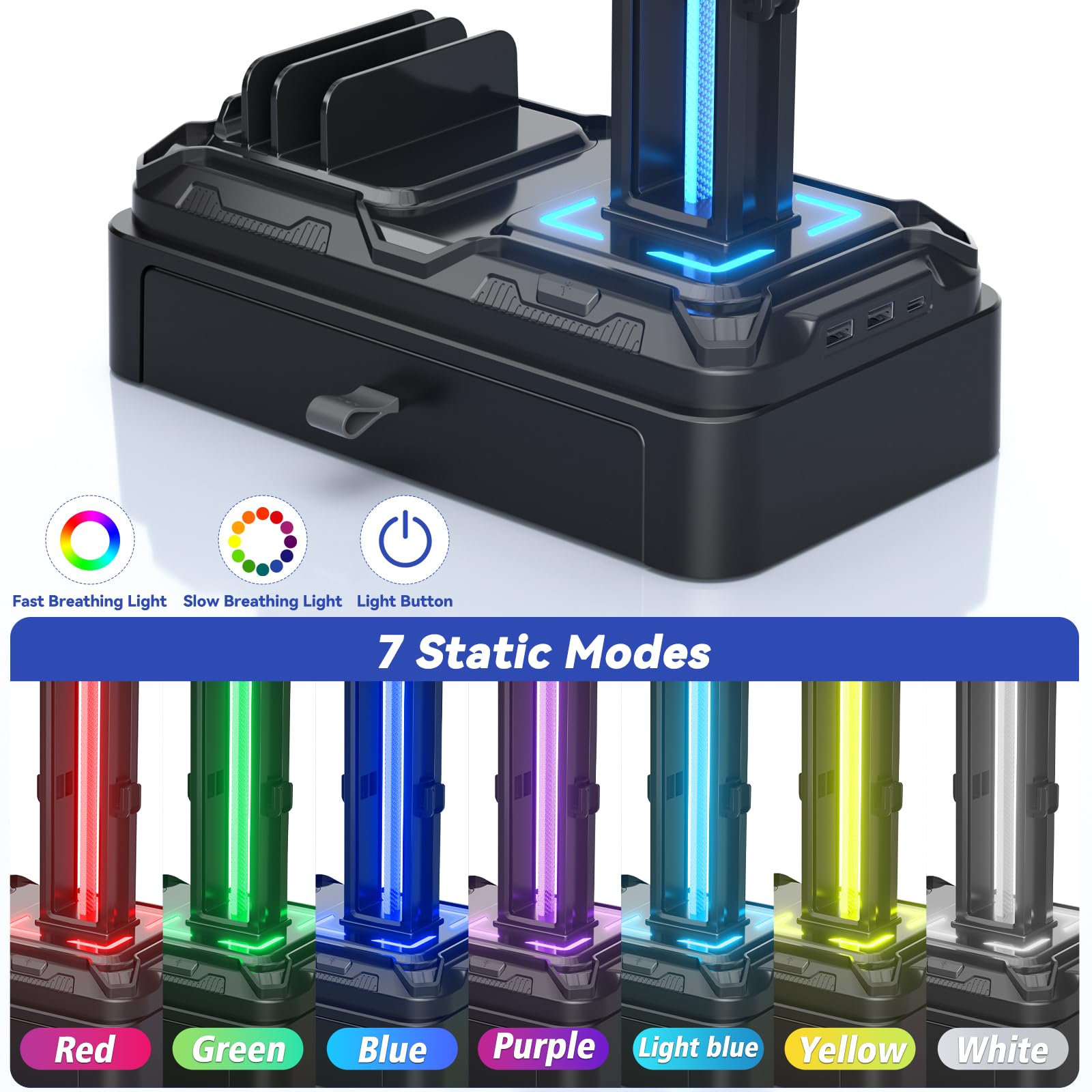 RGB Headphone Stand with USB Charging & Storage Drawer