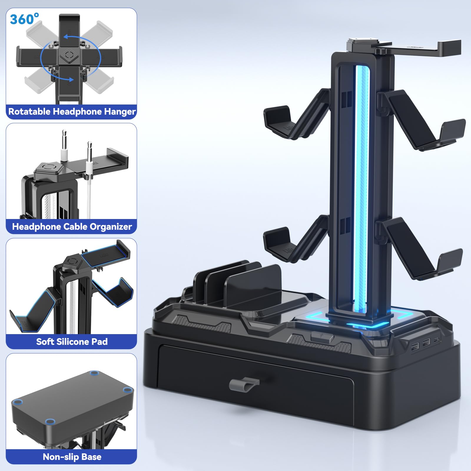 RGB Headphone Stand with USB Charging & Storage Drawer