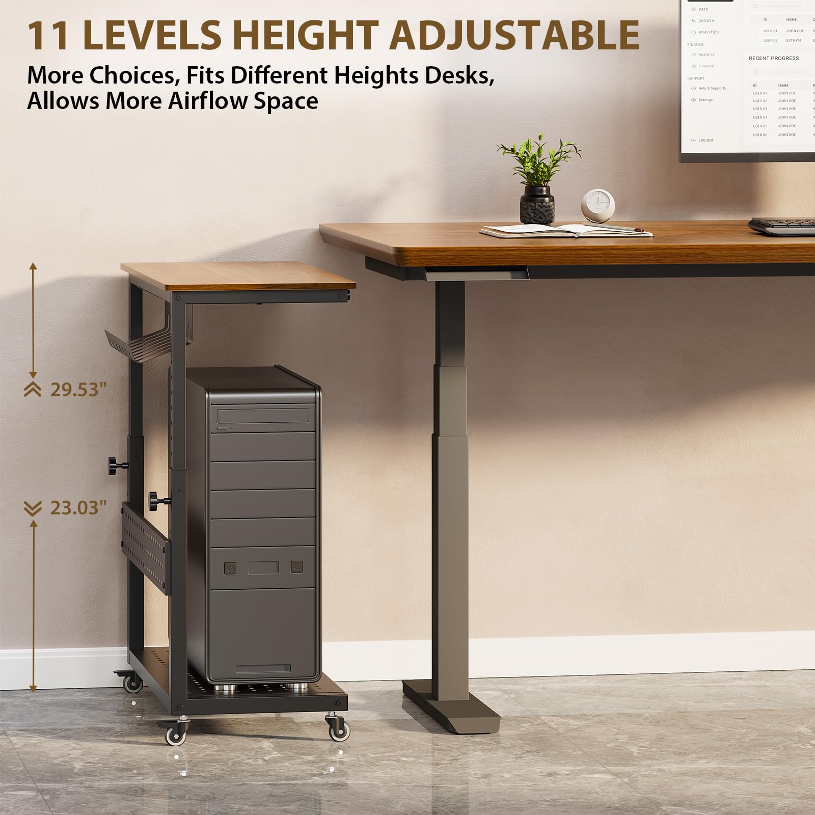 Adjustable 2-Tier Mobile CPU Stand with Cable Management