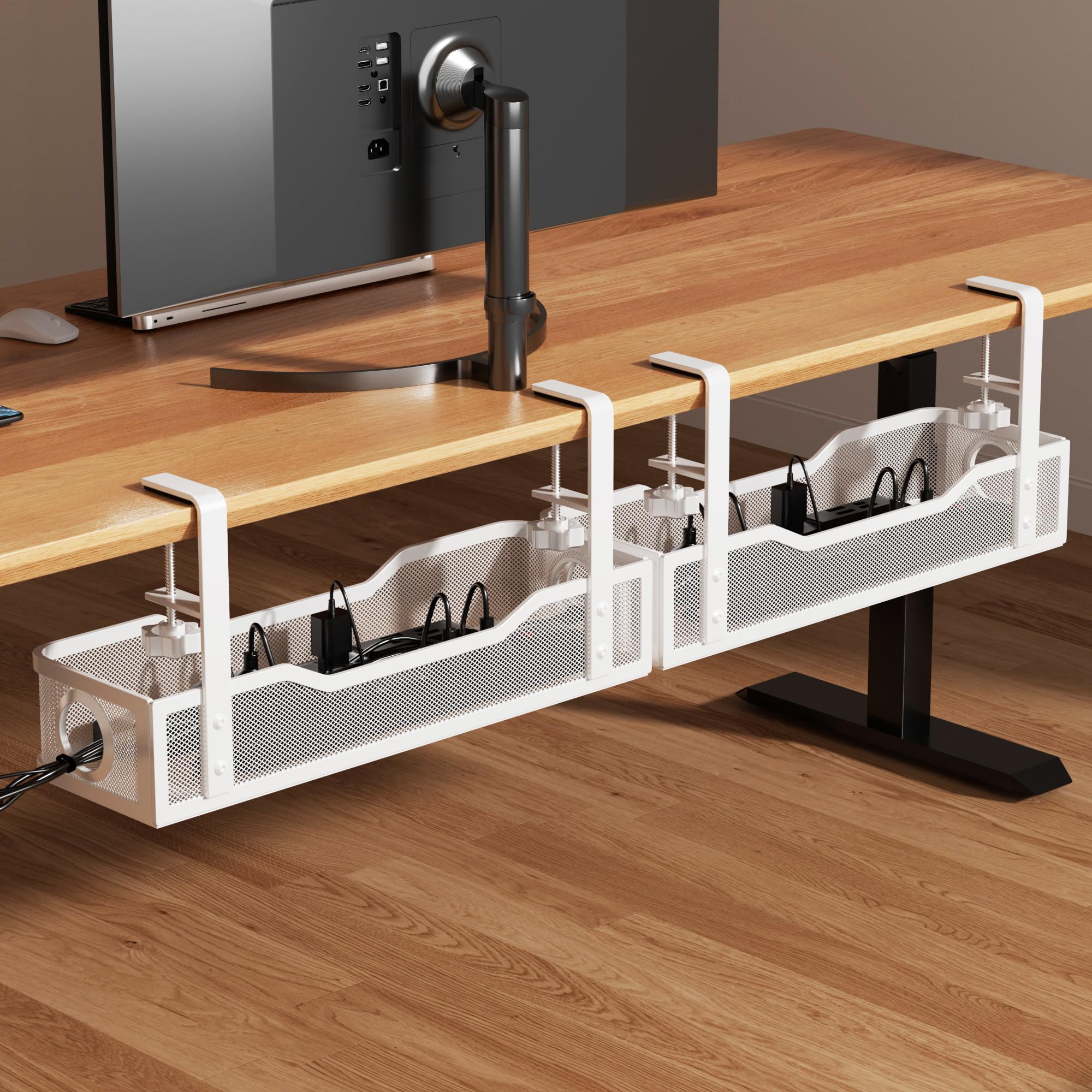 Cinati Under Desk Cable Tray - No Drill, Clamp Mounted, Protects Desk