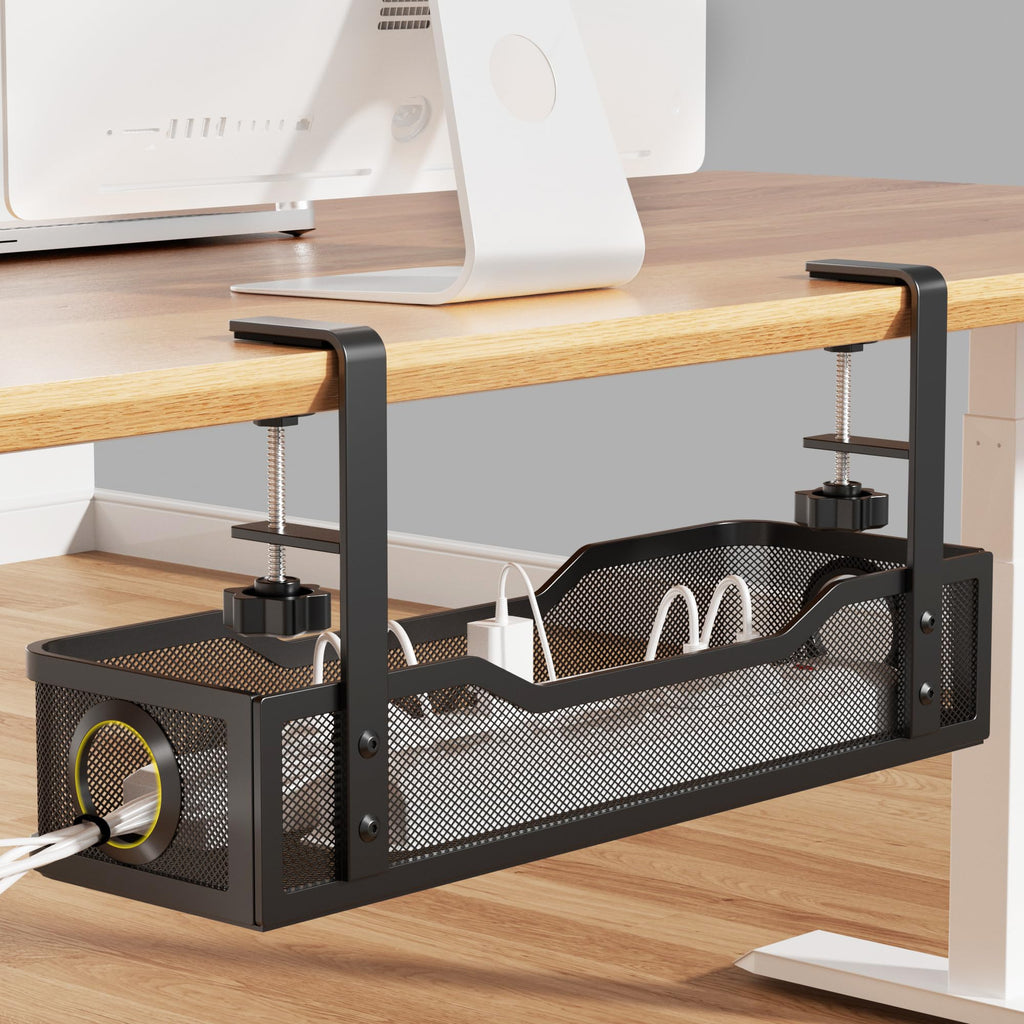 Cinati Under Desk Cable Tray - No Drill, Clamp Mounted, Protects Desk