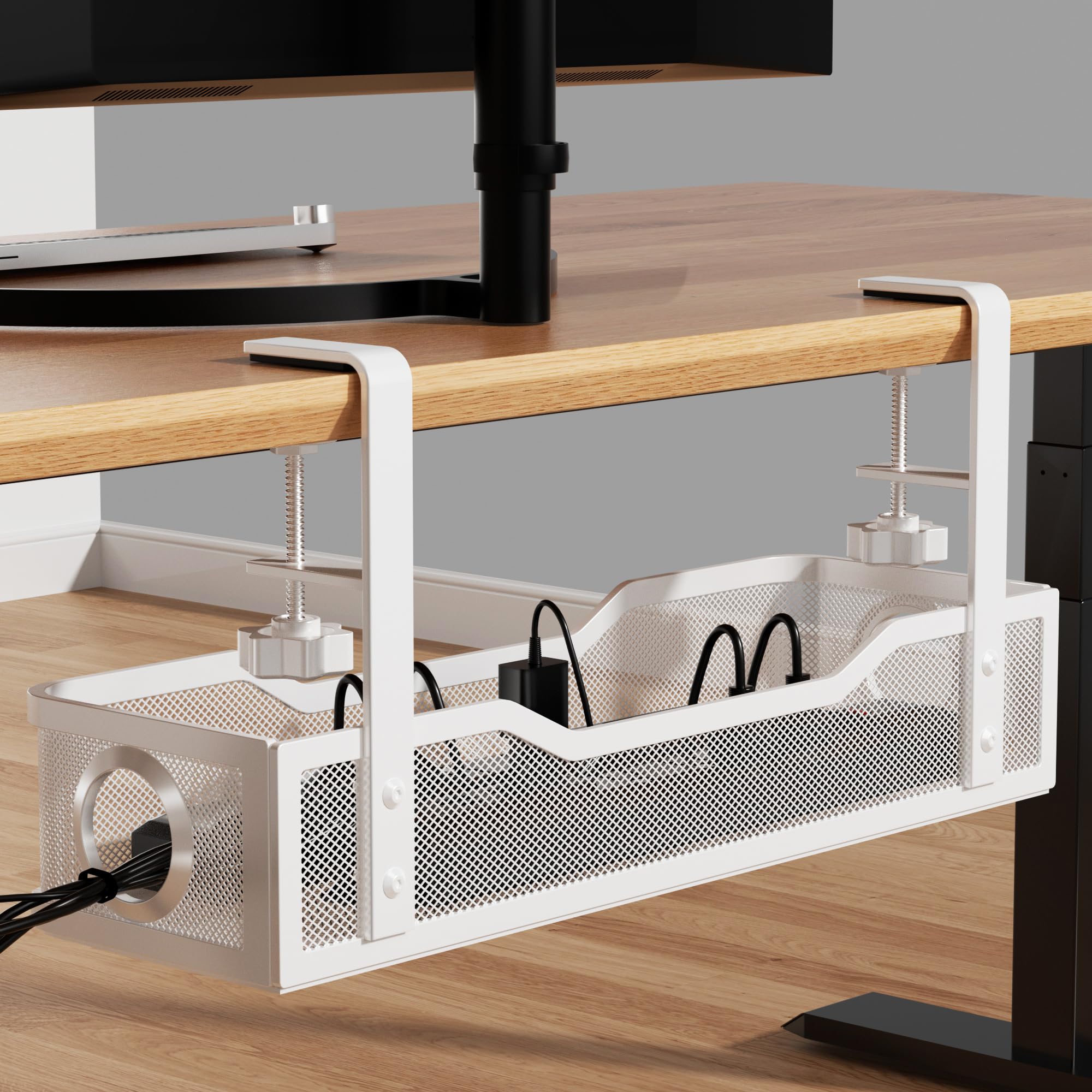Cinati Under Desk Cable Tray - No Drill, Clamp Mounted, Protects Desk