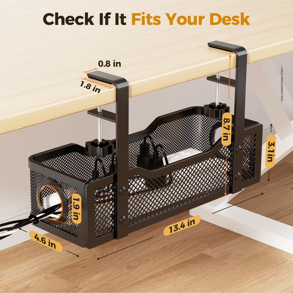 Cinati Under Desk Cable Tray - No Drill, Clamp Mounted, Protects Desk