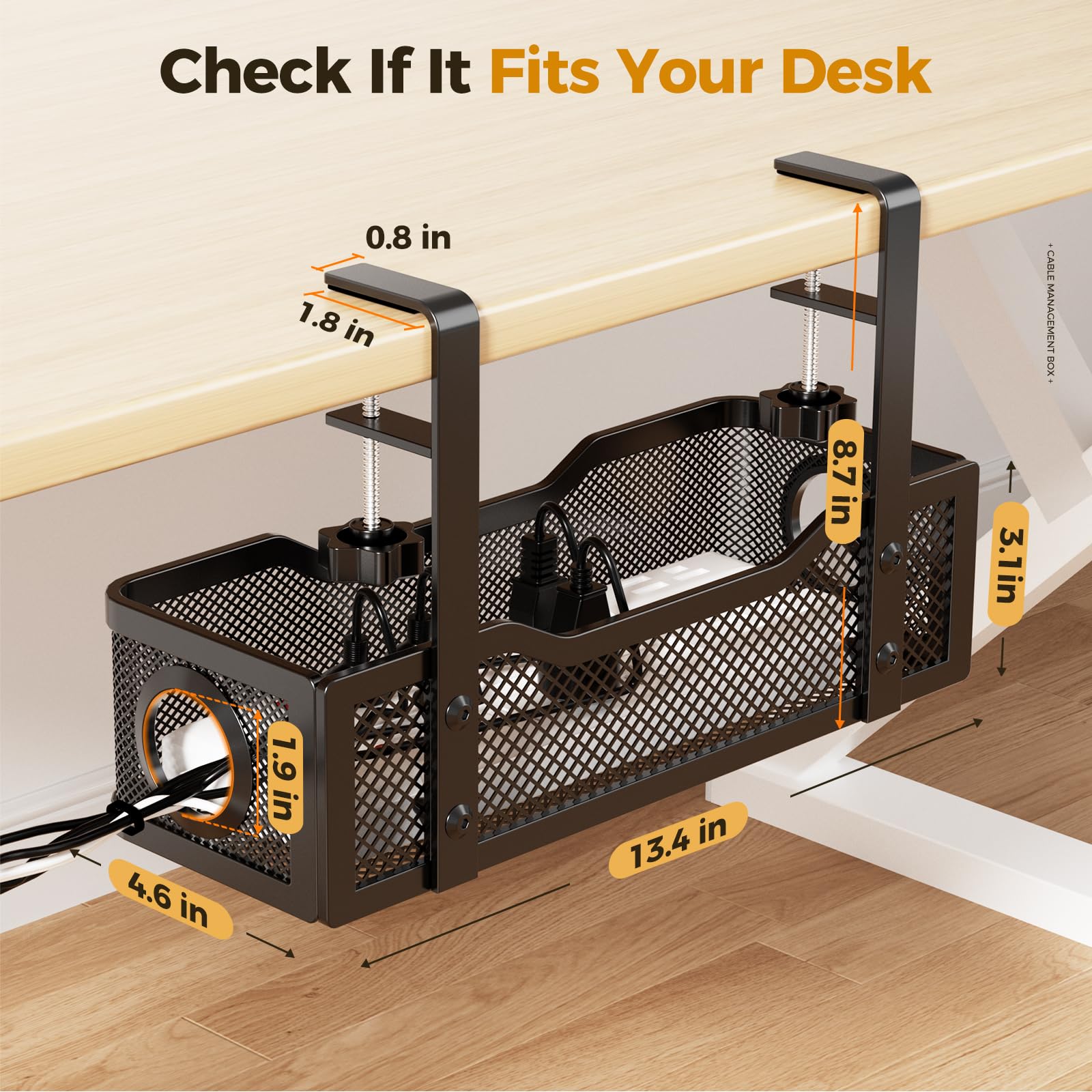 Cinati Under Desk Cable Tray - No Drill, Clamp Mounted, Protects Desk