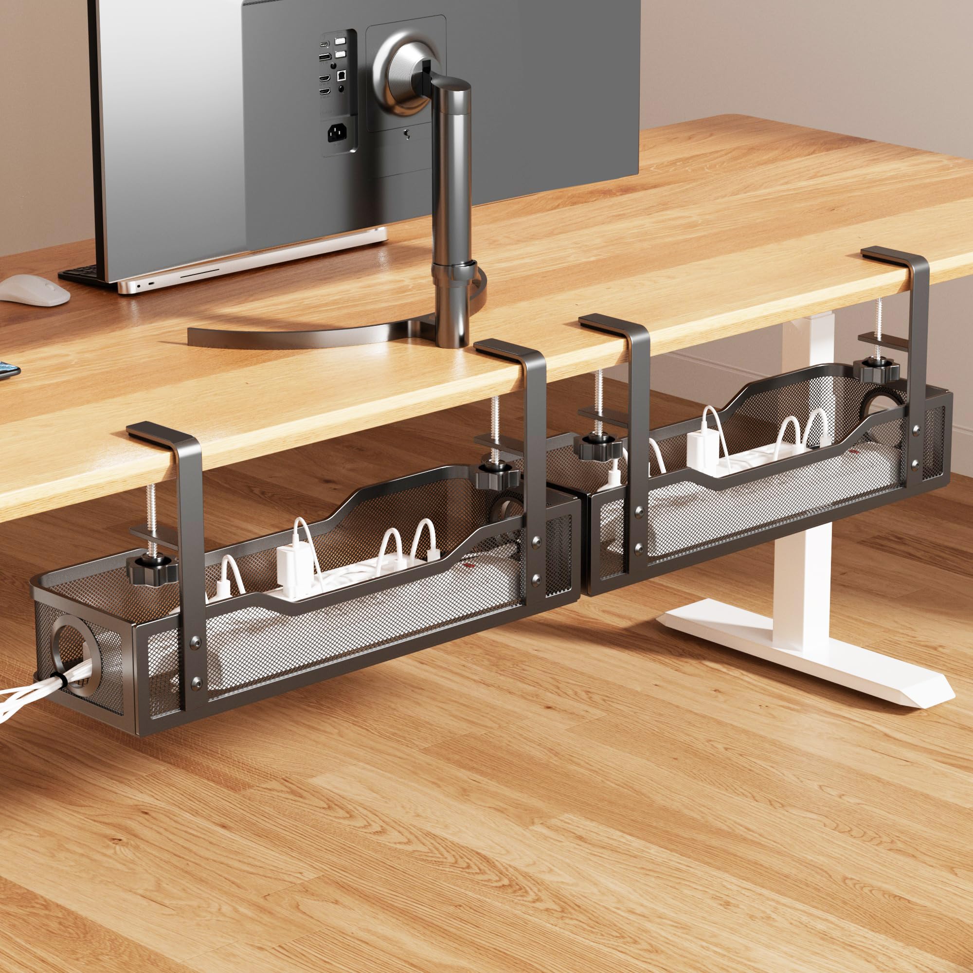 Cinati Under Desk Cable Tray - No Drill, Clamp Mounted, Protects Desk